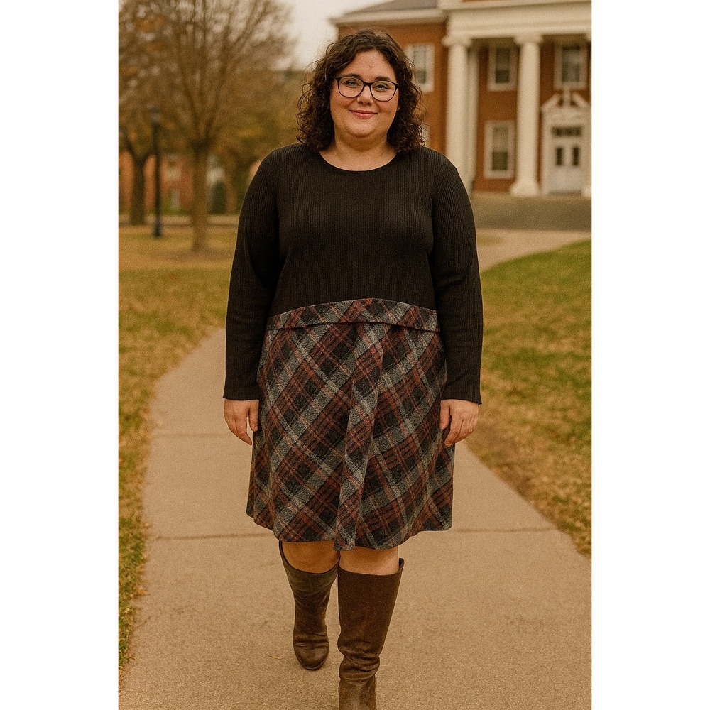 White Birch 3X Black Knit Long Sleeve Plaid Skirt Dress Academia Teacher Fall